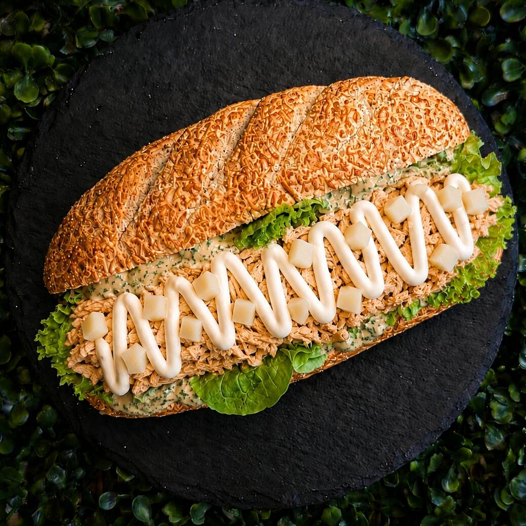 Baguete recheada com frango desfiado, palmito, Cream Cheese, molho especial da casa e complementos à sua escolha.