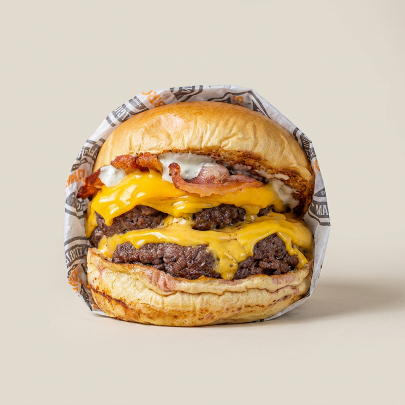 Pão Brioche, 2 Burger suculentos, 170gr. Assados na brasa, cheddar Fatiado, bacon com nossa Deliciosa Maionese Meca.