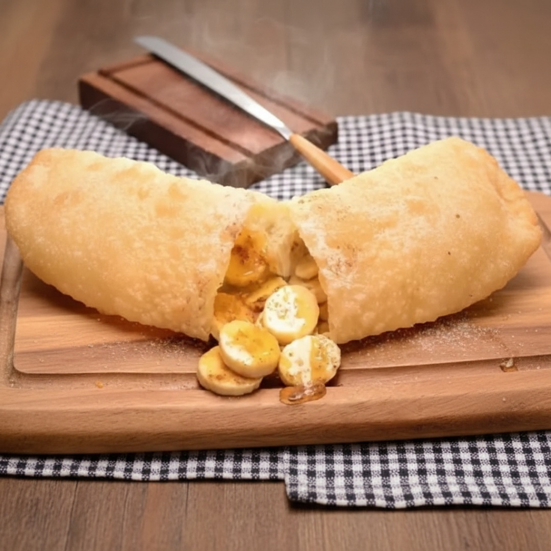 Deliciosa combinação de banana com leite condensado e um toque de canela. Pastel de 12cm. Massa tradicional vegana. Contem glutem