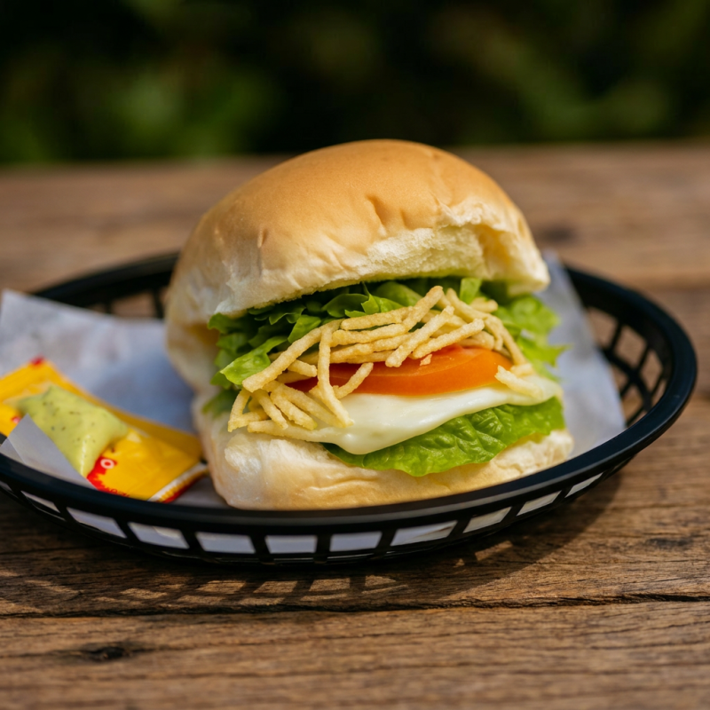 Pão, hamburguer, queijo, presunto, alface, tomate, batata palha e molhos (ketchup, mostarda e molho verde)
