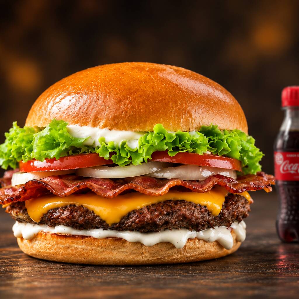 Hambúrguer suculento de 150g, servido no pão brioche macio, com queijo muçarela derretido, geleia de abacaxi , molho especial da casa, alface crocante, tomate fresco, bacon crocante, Catupiry e cheddar. Acompanha 1 Coca Cola 200ml gelada!