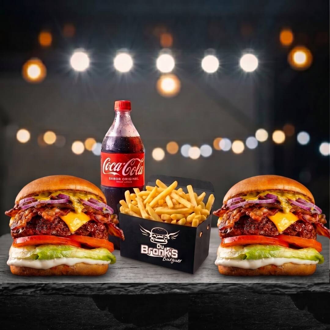 Promo de final de semana
2 lanches salada bacon
pão brioche selado, alface, tomate e cebola roxa
Burguer de 160g grelhado, queijo cheddar fatia, maionese verde e mostarda.
1 batata media com tempero da casa
1 coca cola 1 litro.