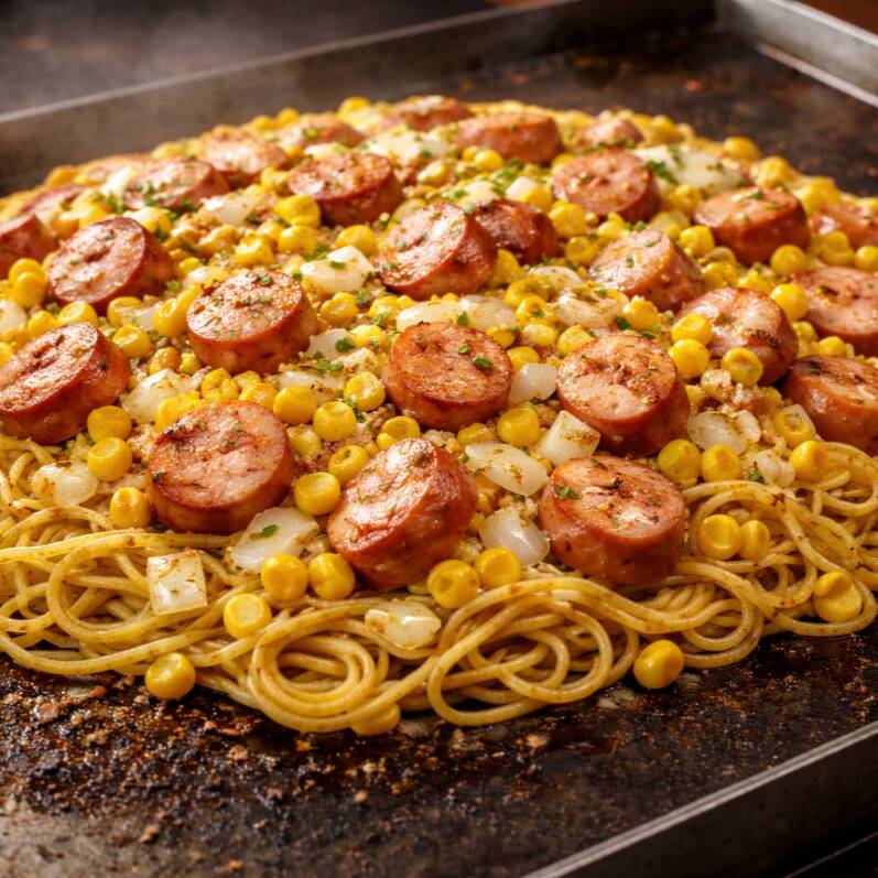 Macarrão salteado na chapa bem quente, com rodelas de salsicha douradinhas, cebola branca levemente caramelizada e milho docinho. Tudo envolvido no temperinho da chapa, com aquele fundinho tostado que dá sabor de comida de lanchonete raiz. Simples, suculento e viciante — perfeito pra matar a fome com estilo. 😋