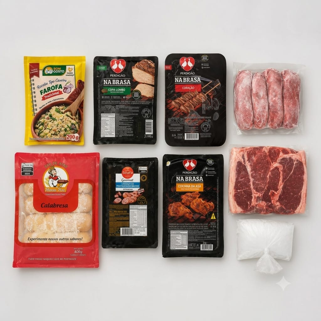 1 PCT CONTRA FILÉ 1KG
1 PCT DRUMET NA BRASA 800GR
1 PCT LINGUIÇA GOURMET 600GR
1 PCT PÃO DE ALHO
1 PCT LINGUIÇA GOURMET NA BRASA 500GR
1 PCT CORAÇÃO NA BRASA 500GR
1 PCT COPA LOMBO NA BRASA
1 PCT SAL GROSSO
1 PCT CARVÃO 2,5KG