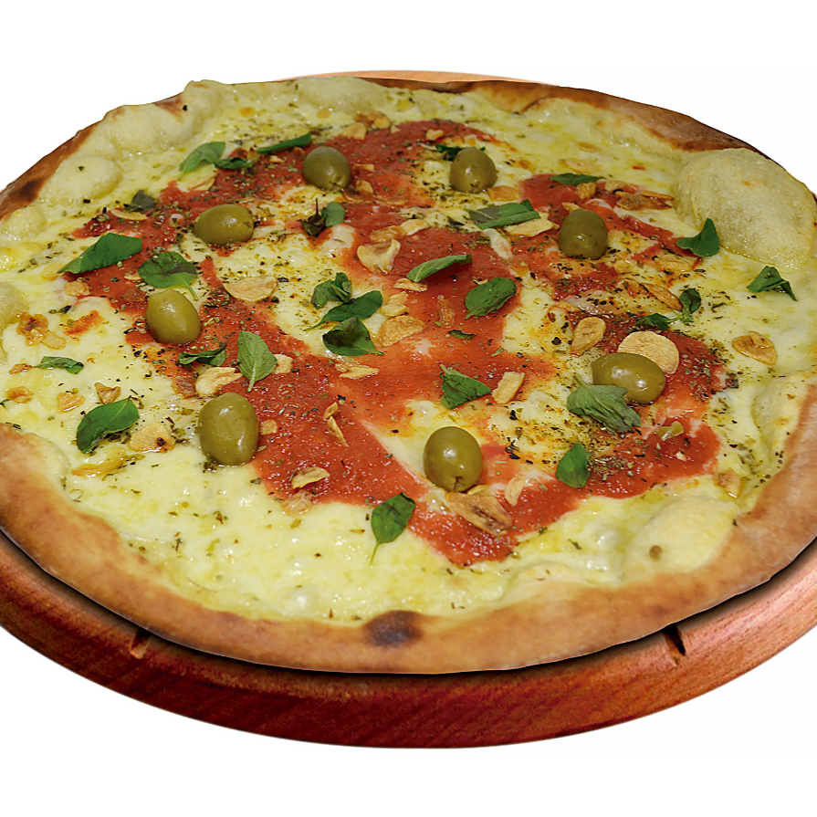 Mussarela, Molho, Manjericão Fresco e Alho frito