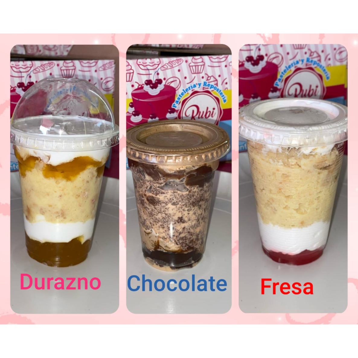 carlota durazno, fresa y chocolate