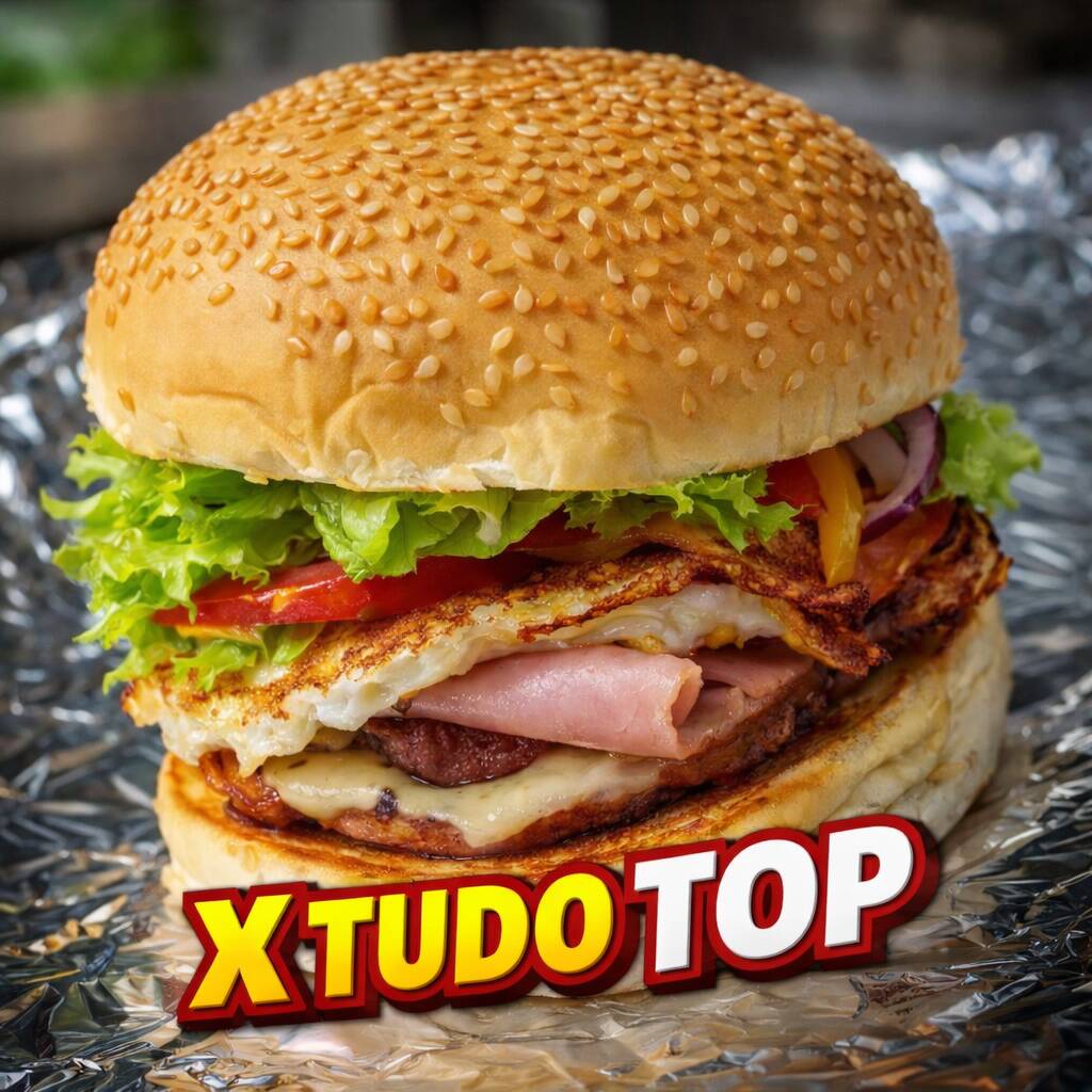 Pão de hambguer, hamburguer, queijo mussarela, presunto, ovo frito, bacon crocante e calabresa grelhada.