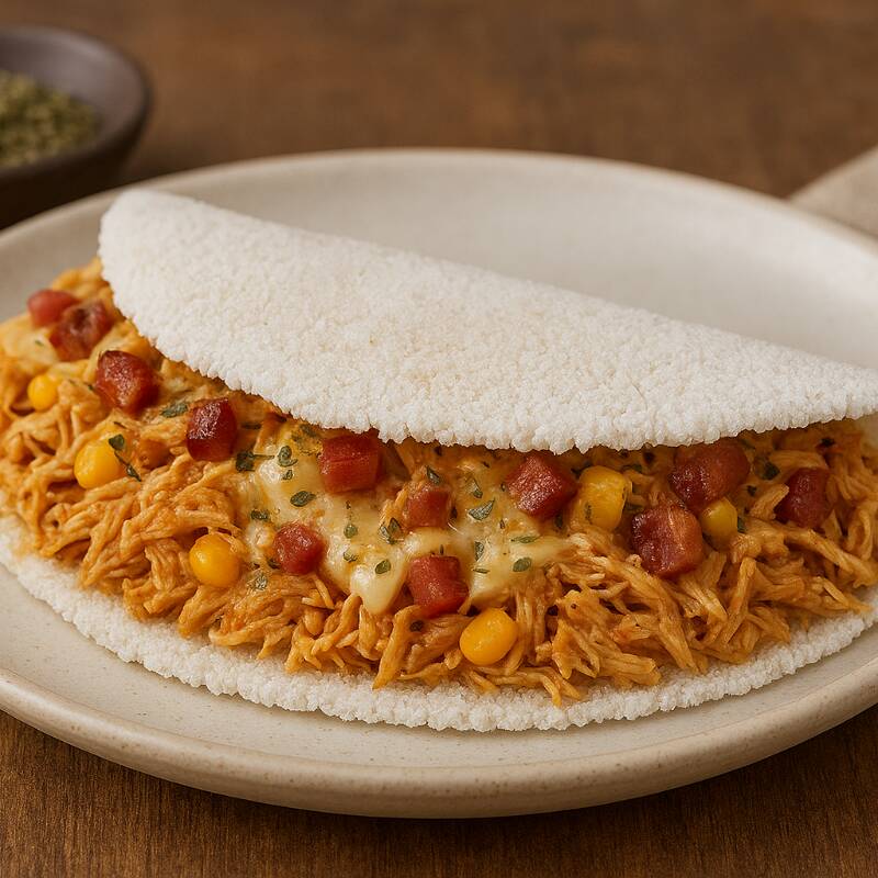 Frango desfiado temperado, muçarela derretida, milho e bacon crocante, finalizada com orégan. sabor, cremosidade e crocância.