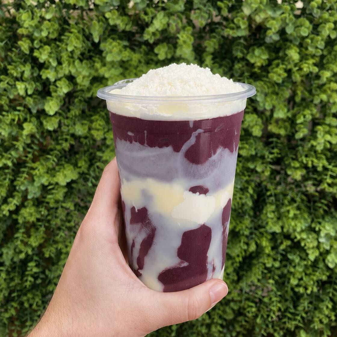 Creme de açaí de qualidade, servido com leite em pó e leite condensado, bem caprichados.