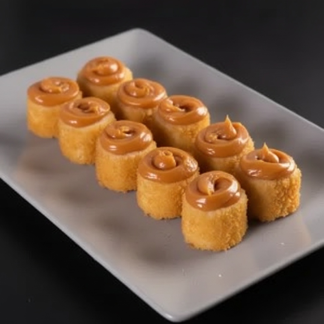 8 unidades de hot hol de banana com cobertura de doce de leite de minas