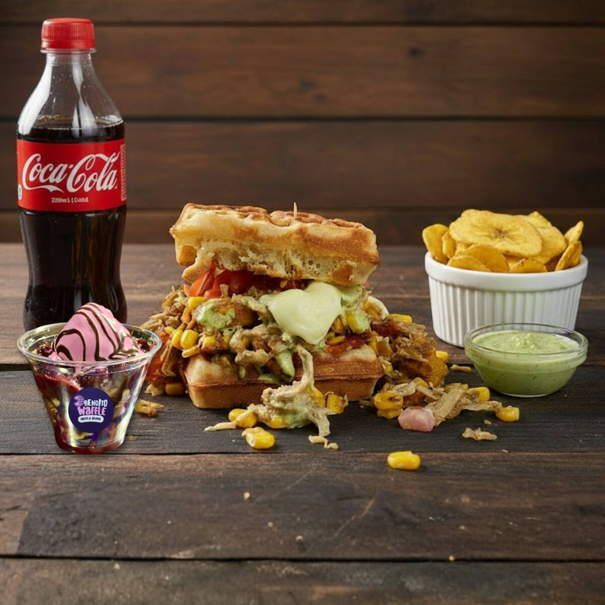 Waffle Bendito + Gaseosa + Platanitos + Postre