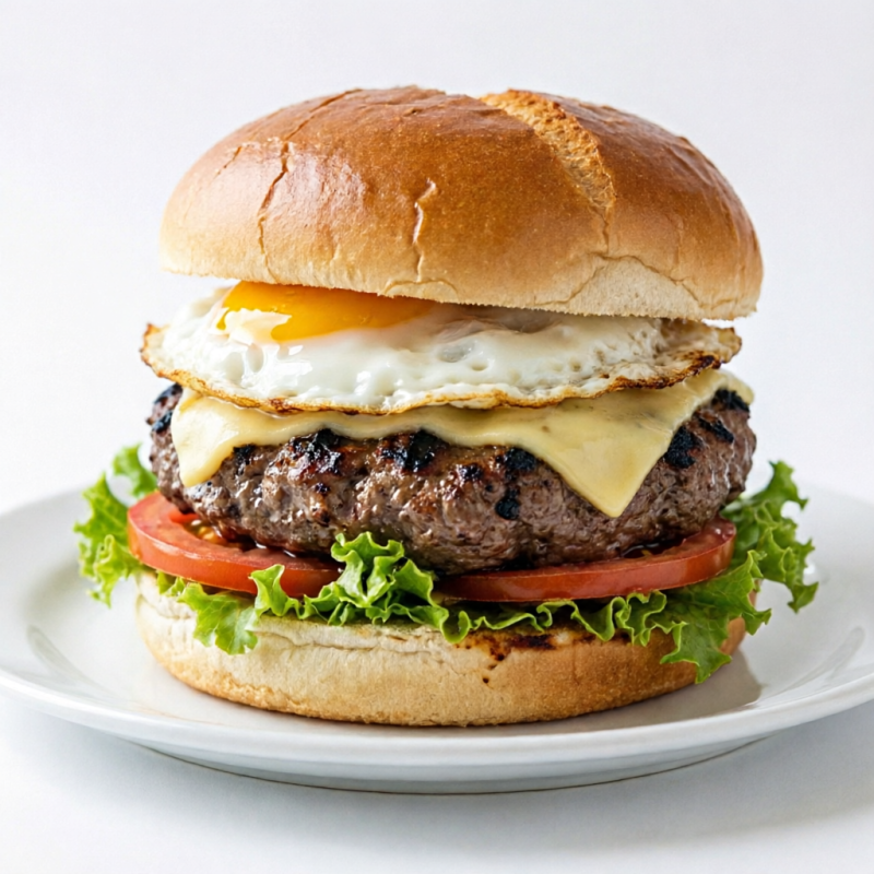 “X E-gg burguer artesanal preparado com um suculento disco de carne bovina de 130g, grelhado na brasa no ponto perfeito e servido em um macio pão brioche. Coberto com queijo mussarela, ovo, completamente derretido, acompanhado de uma fresca salada de alface e tomate, finalizado com um molho especial que realça cada mordida.”