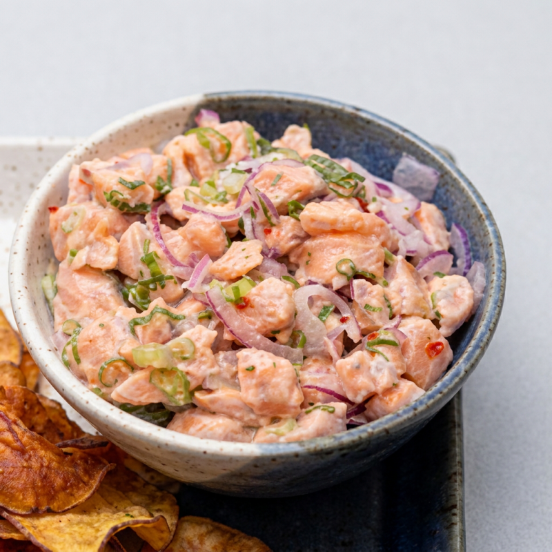 Salmão fresco marinado no suco de limão siciliano, com cebola roxa e toque sutil de pimenta, proporcionando um sabor delicado, refrescante e cheio de personalidade.