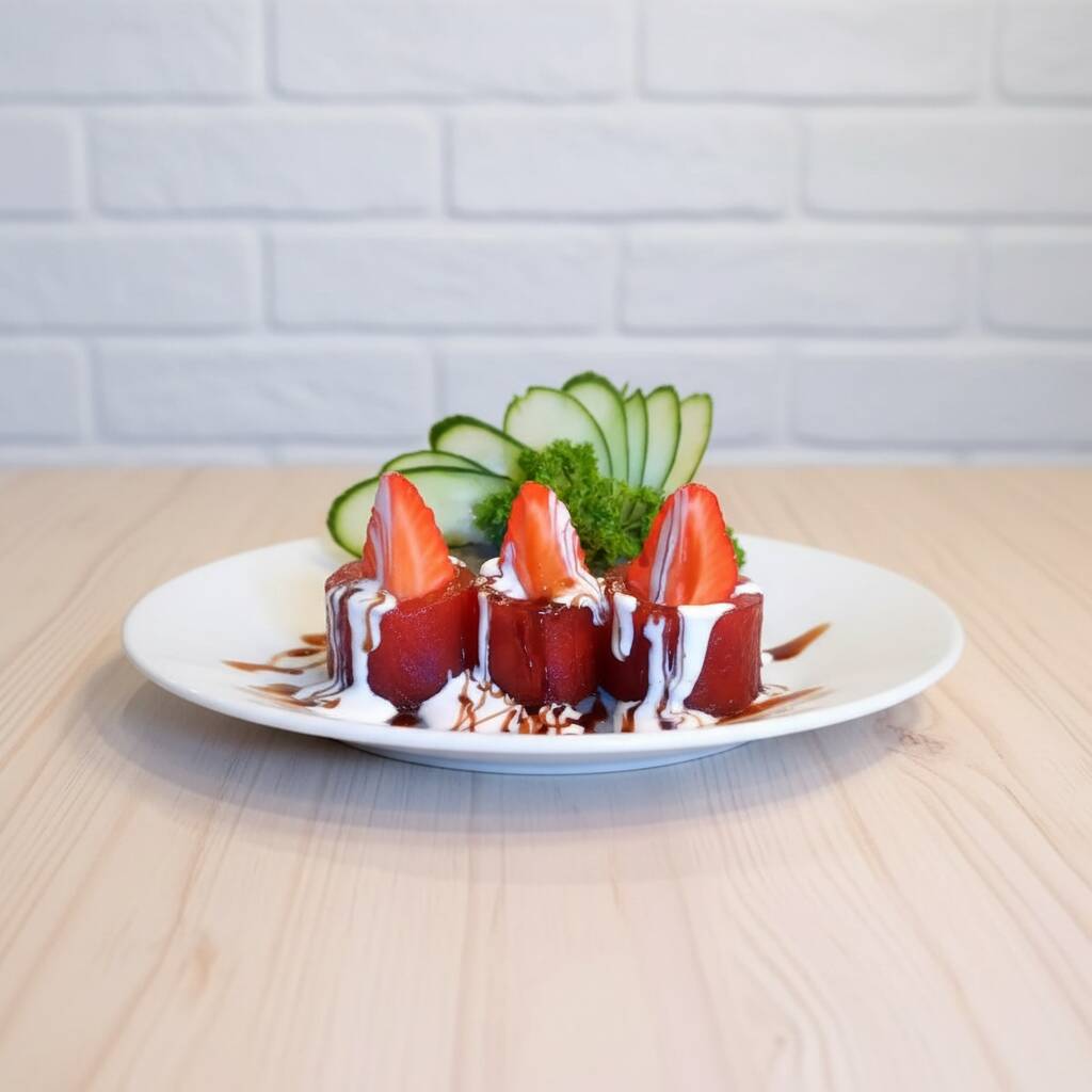 Experimente o nosso Dyo Goiabinha (Ichigo) - uma tentação irresistível em promoção! São quatro unidades de deliciosos enroladinhos, recheados com a suavidade do cream cheese e o sabor marcante da goiabada. Para incrementar ainda mais, adicionamos suculentos morangos frescos. Regamos com um aveludado creme de leite e finalizamos com uma generosa cobertura de chocolate, tornando esse prato um deleite para o paladar. Não espere para saborear essa maravilha!