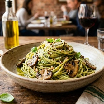 Pasta Al Pesto Con Champiñones