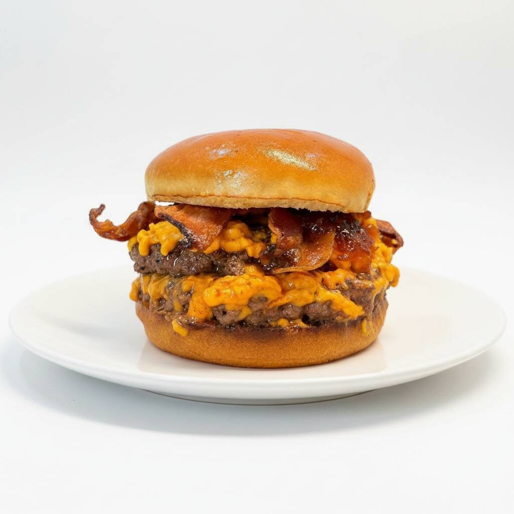 Pão de brioche, 2 deliciosos blends bovinos de 120 cada, cheddar cremoso, nossa incrível cebola caramelizada e fatias de bacon