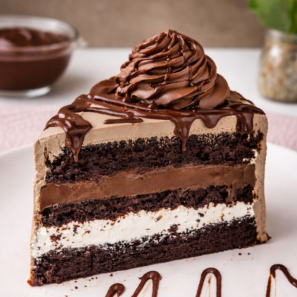 Massa black feito com cacau 100%, com uma camada de recheio de mousse de chocolate branco, com uma camada de recheio de brigadeiro belga.