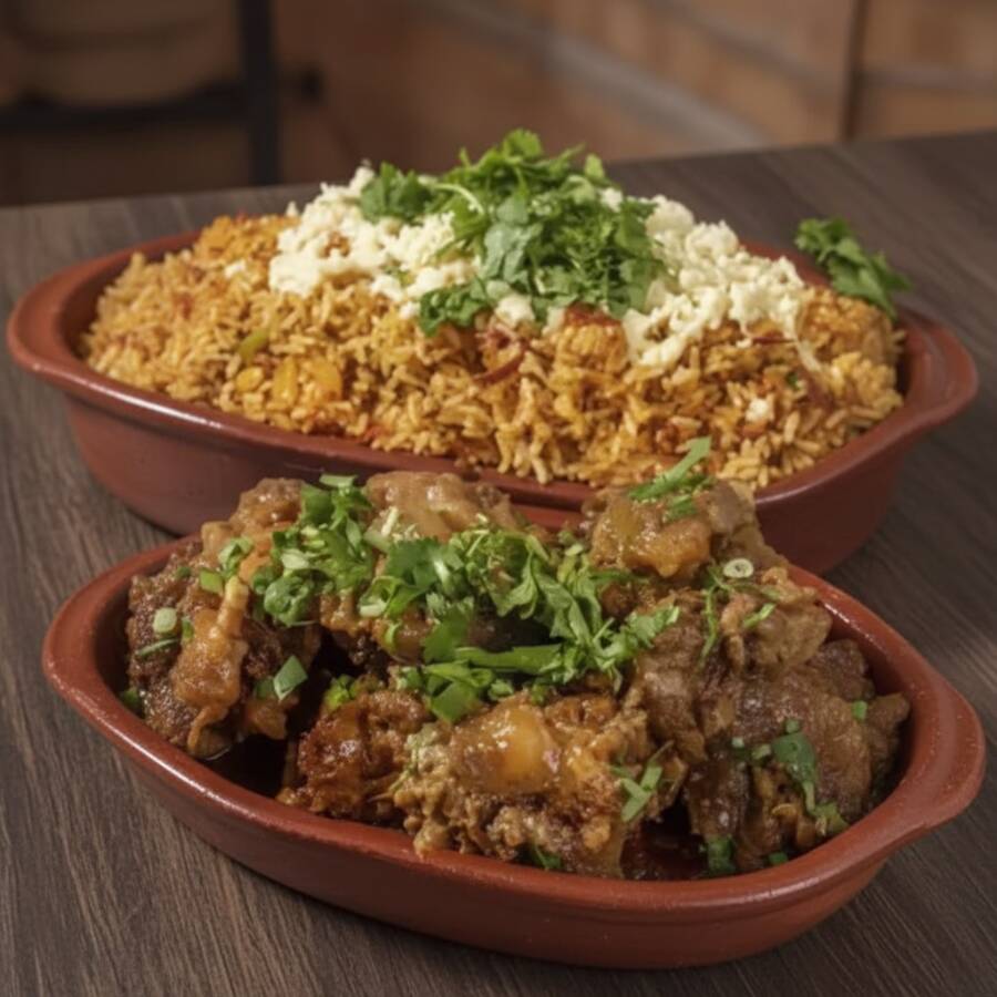 Arroz, feijão de corda, queijo e vinagrete!. Mistura e costela com mandioca