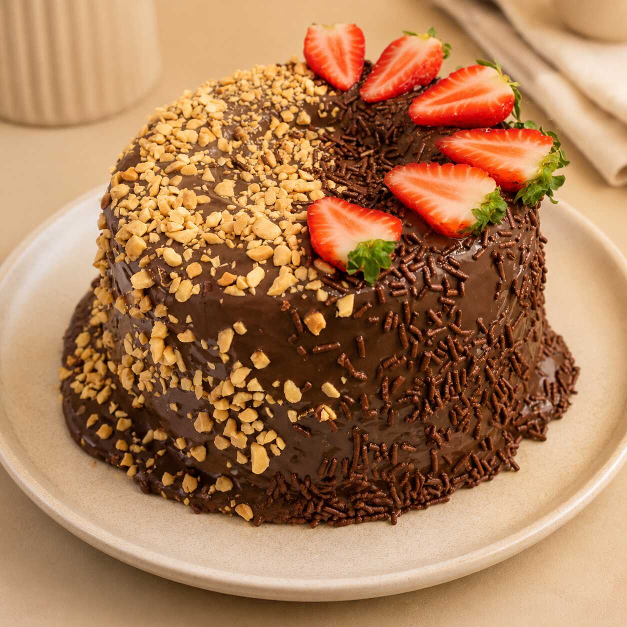 Bolo de chocolate macio, coberto com brigadeiro cremoso e finalizado com morangos frescos, granulado de chocolate e amendoim triturado. Uma combinação irresistível entre a intensidade do chocolate, o frescor do morango e a crocância do amendoim. (1,200KG)