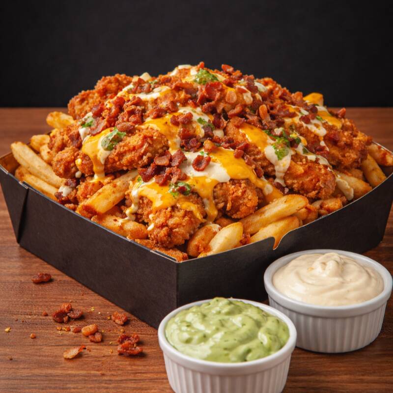 Batata sequinha e dourada + tiras de frango super crocantes na panko, cobertas com cheddar cremoso, bacon crocante e finalizadas com catupiry. 600G DE MUITO PRAZER