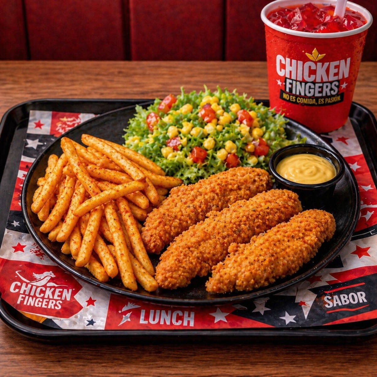 3 TENDER DE POLLO FRITO CON PAPAS Y ENSALADA