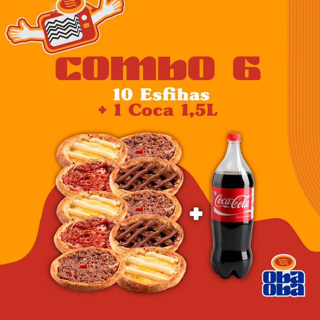 Combo sensacional para o seu momento Oba Obaaaaa! São 10 deliciosas esfihas de sua escolha com uma Coca-Cola geladinha acompanhando!