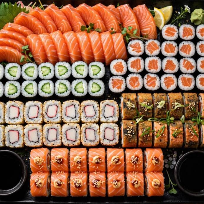 20 sashimi de salmão, 20 hossomaki salmão, 20 hossomaki pepino, 20 hossomaki kani, 20 uramaki skin, 10 uramaki salmão grelhado, 10 uramaki salmão cru, 30 hot roll.