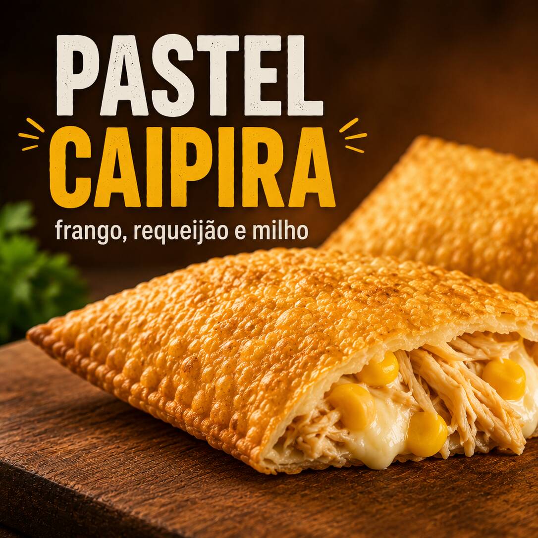 Pastel Caipira: massa sequinha e crocante, recheado com frango, requeijão e milho em uma combinação cremosa e muito saborosa. Preparado na hora, é uma ótima pedida para quem gosta de pastel bem recheado e com sabor marcante. Se você procura pastel em Osasco, conheça também nossos combos e experimente outros sabores do cardápio.