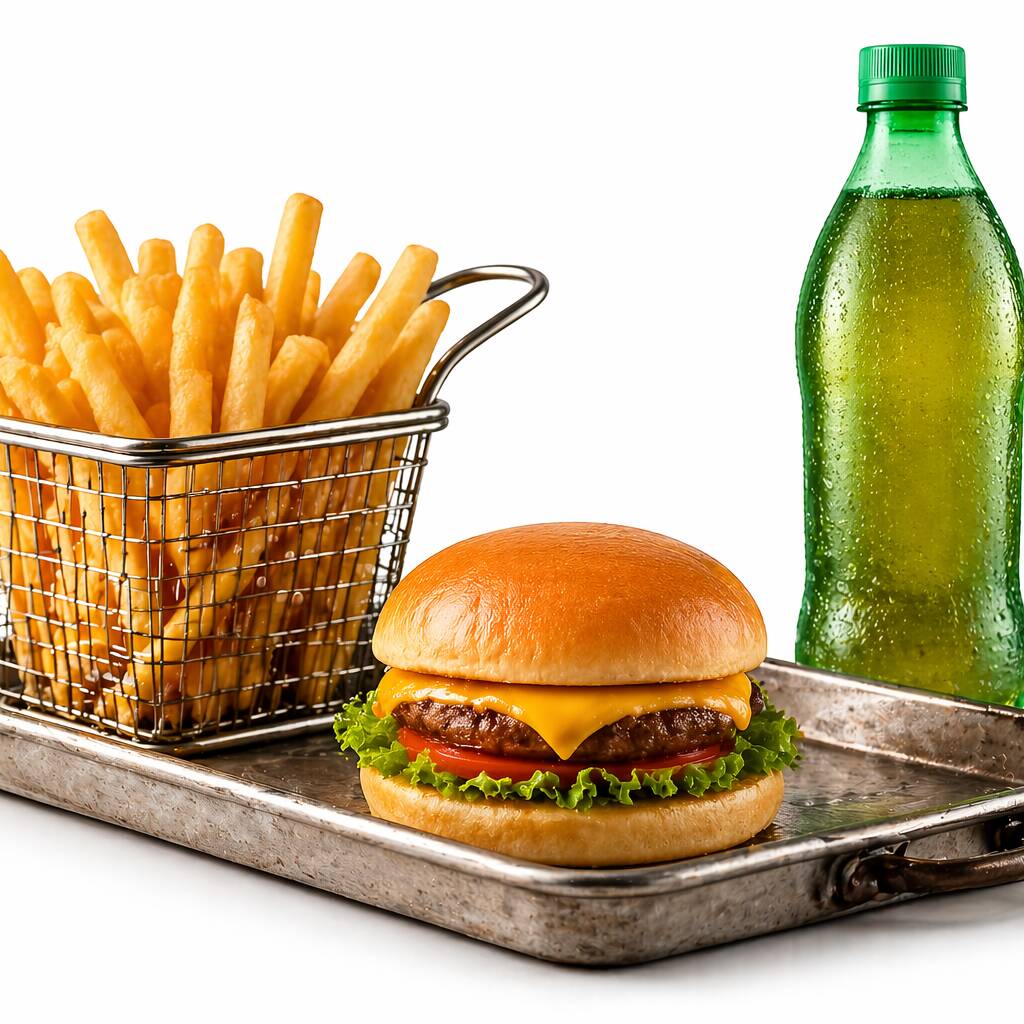 Combo especial para matar a fome com estilo, lanche mais batata, acompanha batata frita 150 g, refri 200 ml.