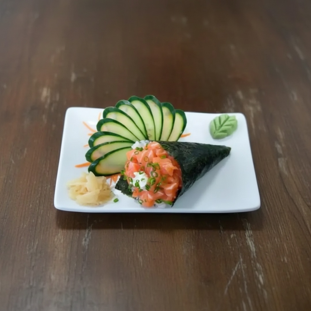 Cone de alga Nori, arroz gorran, salmão em cubos, cream Cheese e cebolinha