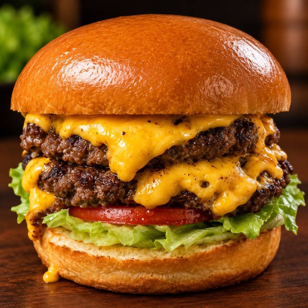Pão Brioche, maionese do Chef, Alface Americana, tomate, 2 Burguer angus 80g, queijo cheddar