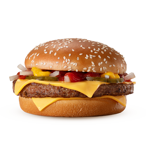 Um hambúrguer (100% carne bovina), queijo cheddar, picles, cebola, ketchup, mostarda e pão com gergelim.