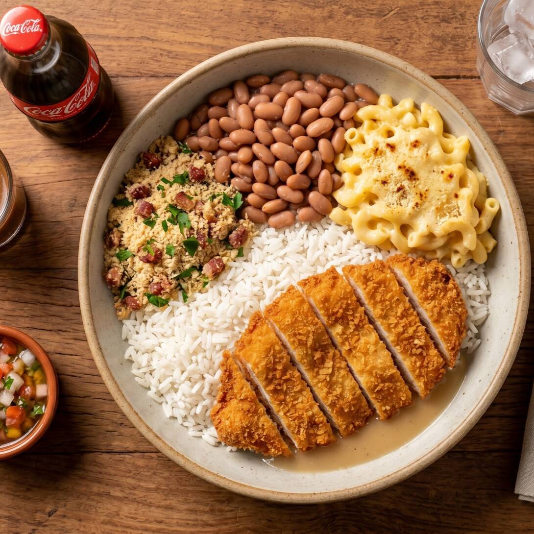 Arroz, feijão, farofa, macarrão com queijo, frango empanado, refrigerante 200ml.