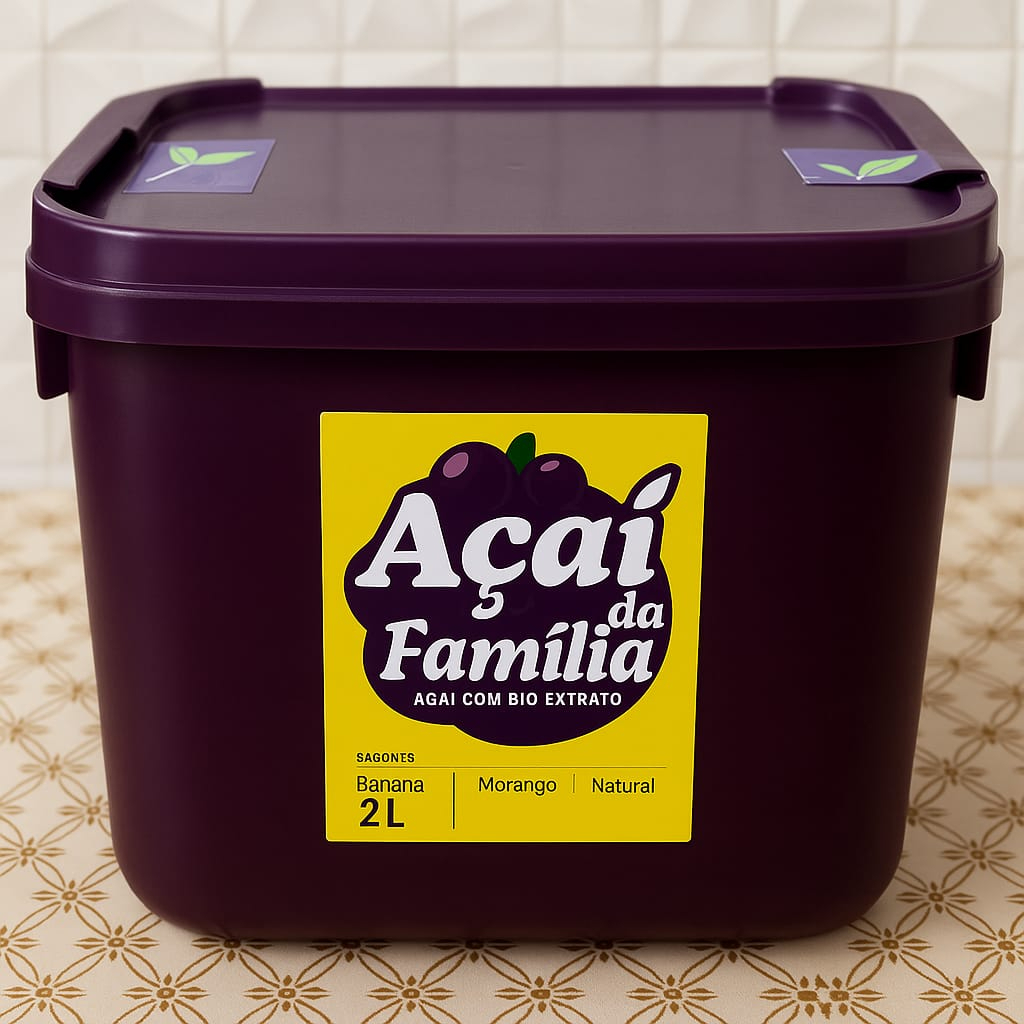 Delicioso açaí batido, com 2 litros de açaí batido, 2 tipos de calda e 6 acompanhamentos a sua escolha! Todos os acompanhamentos e caldas vão  embalados individualmente.