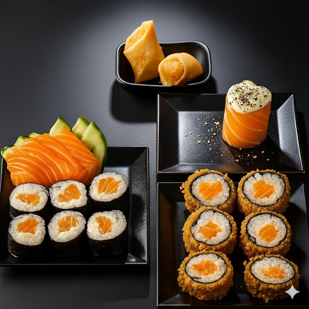 3 Sashimis Salmão + 6 Hots Salmão Filadelfia + 6 Filadelfias Salmão + 1 Joe Joe Salmão + 1 Harumaki Doce de leite