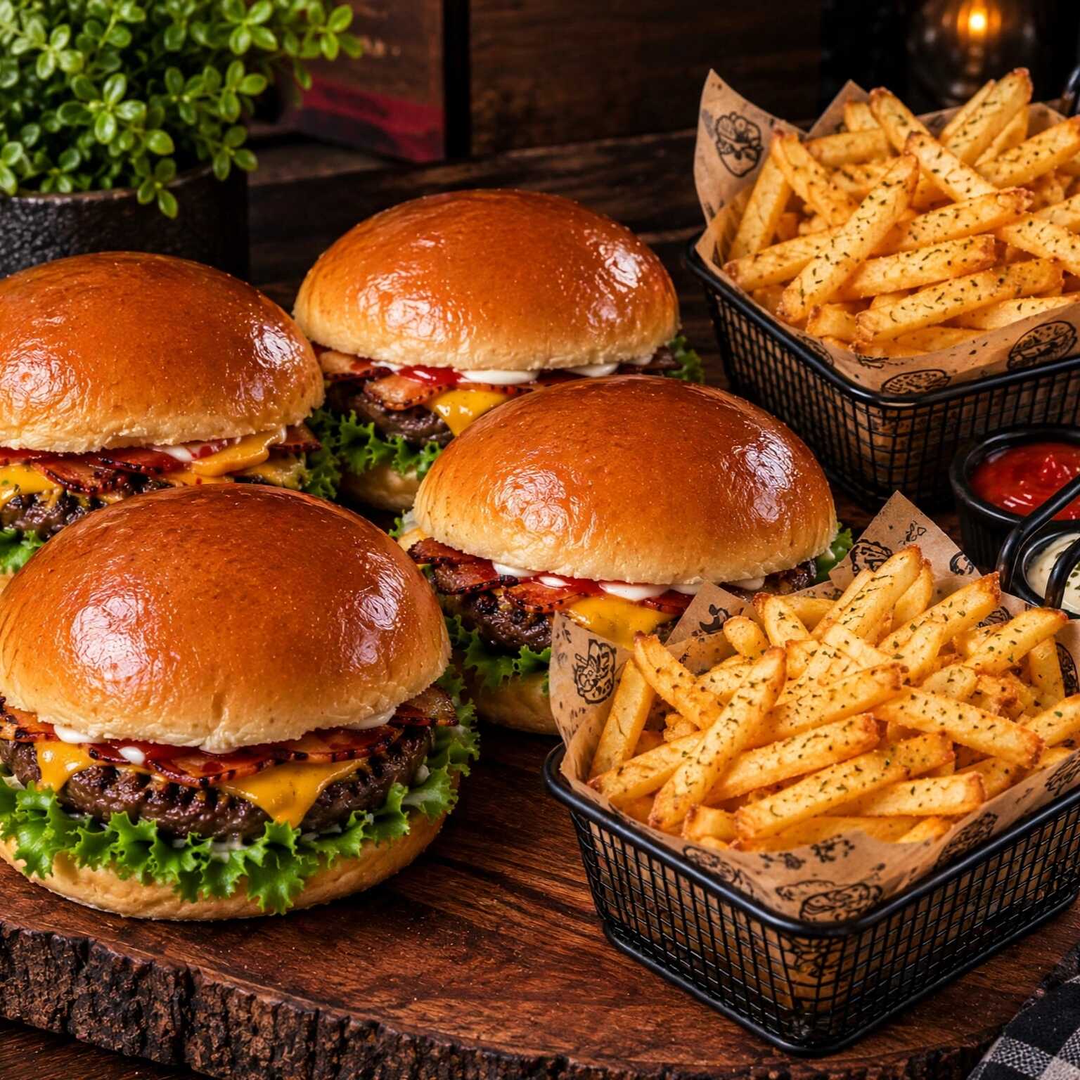4 hambúrgueres, acompanha carne, queijo derretido , tomate, cebola alface e molho especial 2 porção de batata frita quentinha generosa com molho