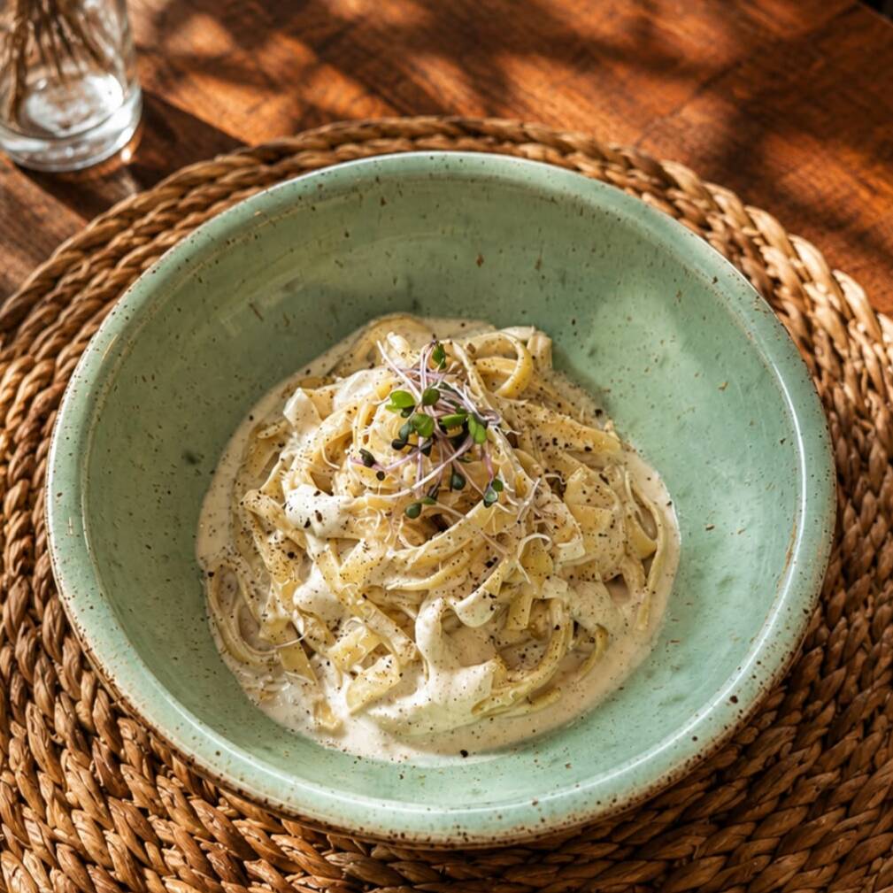 Fettuccine grano duro Italiano envolto em fonduta de queijo e pimenta-do-reino, finalizado com fios de parmesão.