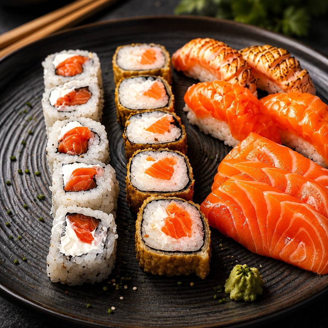 18 peças - 2x niguiri especial, 2x niguiri salmão maçaricado, 05x carioca de salmão, 05x uramaki Filadélfia, 04 sashimi de salmão.