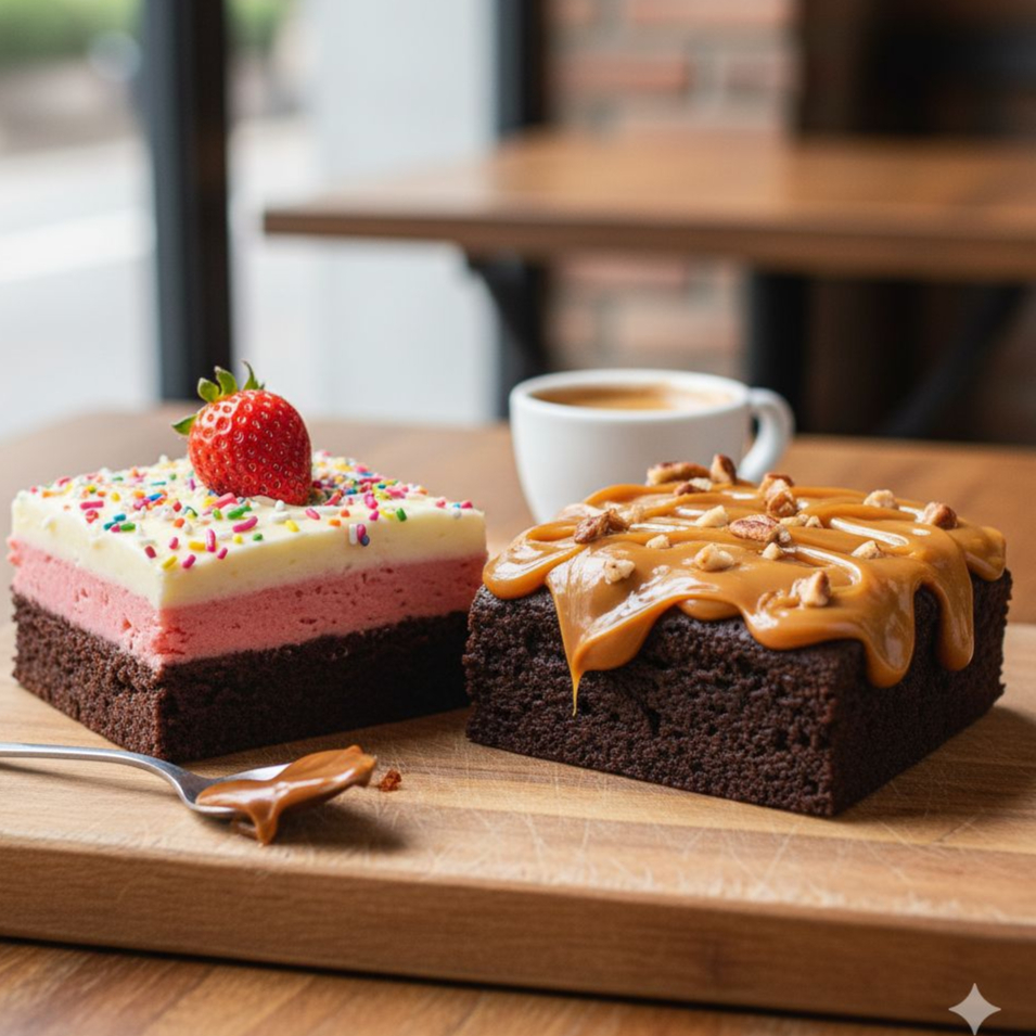 1 brownie de napolitano e 1 brownie de doce de leite