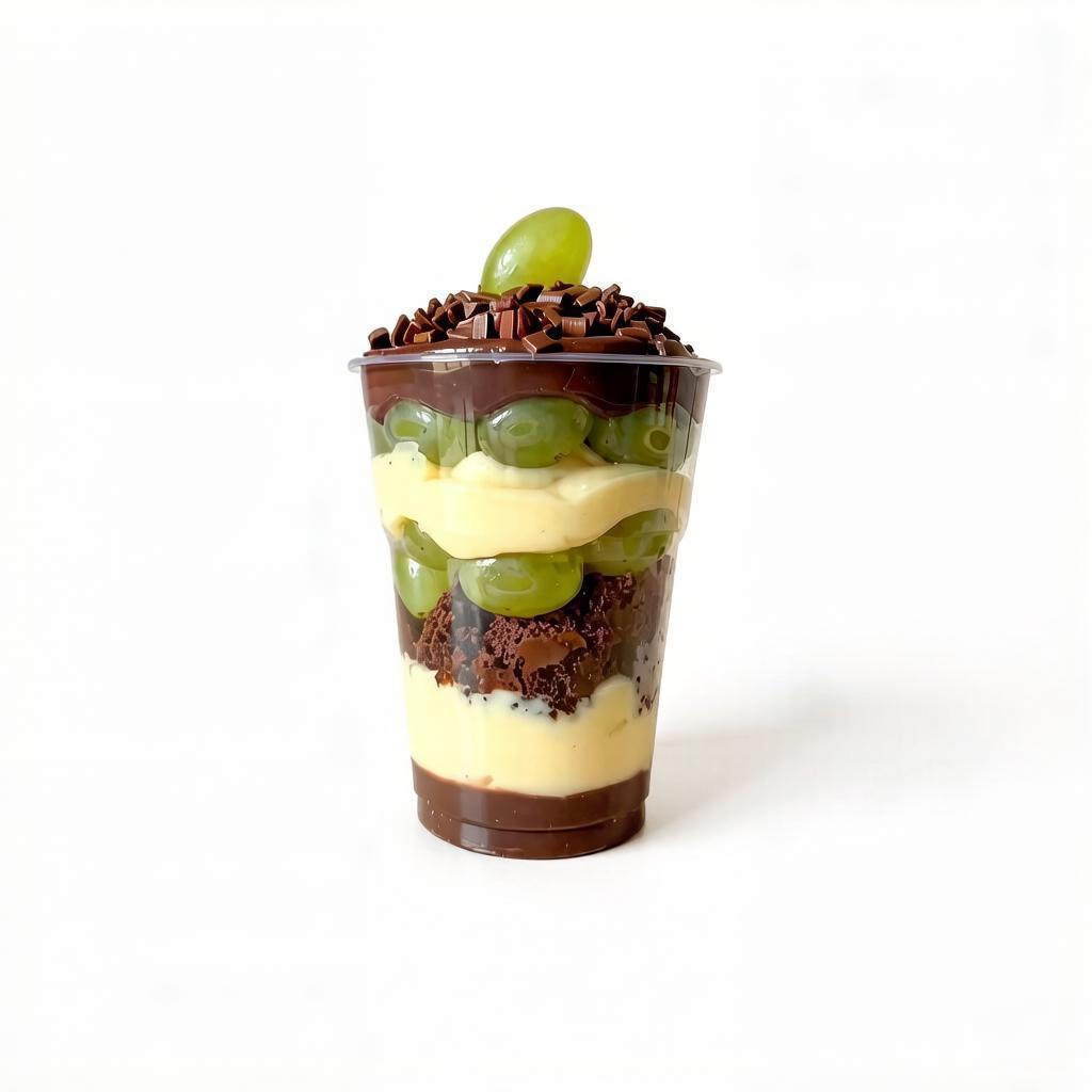 Camadas de creme de brigadeiro, creme de ninho, brownie e uvas frescas, com cobertura de creme de brigadeiro e granulados gourmet. Uma sobremesa no copo que combina fruta, chocolate e cremosidade na medida certa!