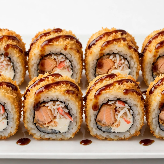 8 unidades de Hot Roll Especial. Sushi de salmão grelhado, com kani e cream cheese, frito e finalizado com molho tarê.