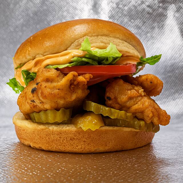 Frango crocante  , molho chipotle, fatias de pepino em conserva, alface americana e tomate no pão de brioche