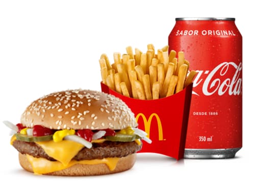 Um hambúrguer (100% carne bovina), queijo cheddar, picles, cebola, ketchup, mostarda e pão com gergelim, acompanhamento e bebida