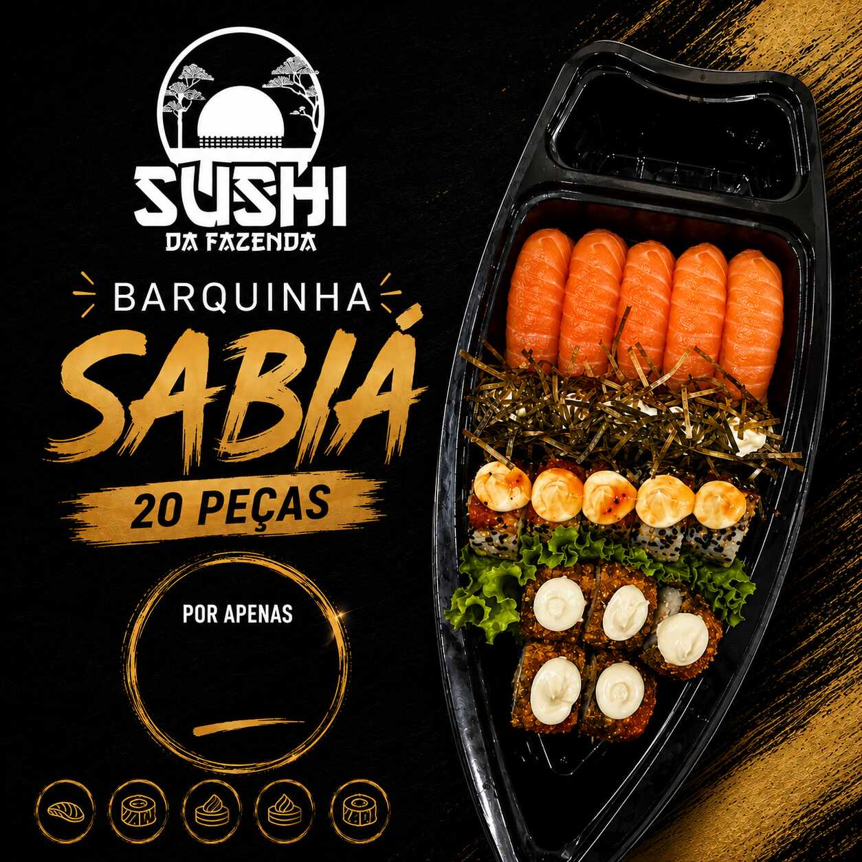 5 Sushi Salmão/ 5 Hossomaki Skin CreamChesse com Alho Poró/ 5 Uramaki Salmão Grelhado com Geleia de Pimenta Doce/ 5 Hot Salmão Grelhado.
Kit Molho: 1 Tarê Sachê MitSuwa, 2 Shoyu, 1 Hashi
