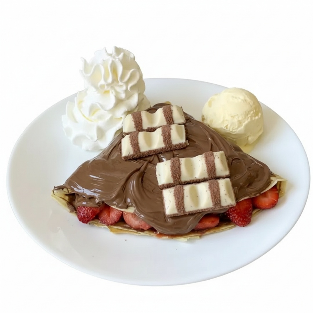 crepe recheado com nutella acompanhado de kinder bueno e morango (somente para consumo no local)