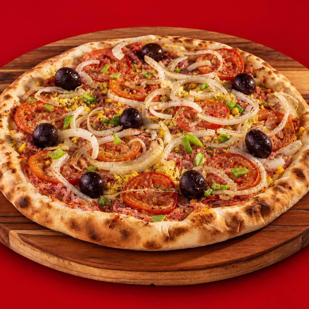Pizza Grande 40cm, perfeita para dividir com a família ou amigos e tornar qualquer momento especial. Escolha até 2 sabores e aproveite uma combinação única, com ingredientes frescos, massa crocante e aquele toque artesanal que faz toda a diferença. Cada fatia é um convite para saborear o melhor da nossa pizzaria, garantindo satisfação e aquele gostinho irresistível de quero mais.