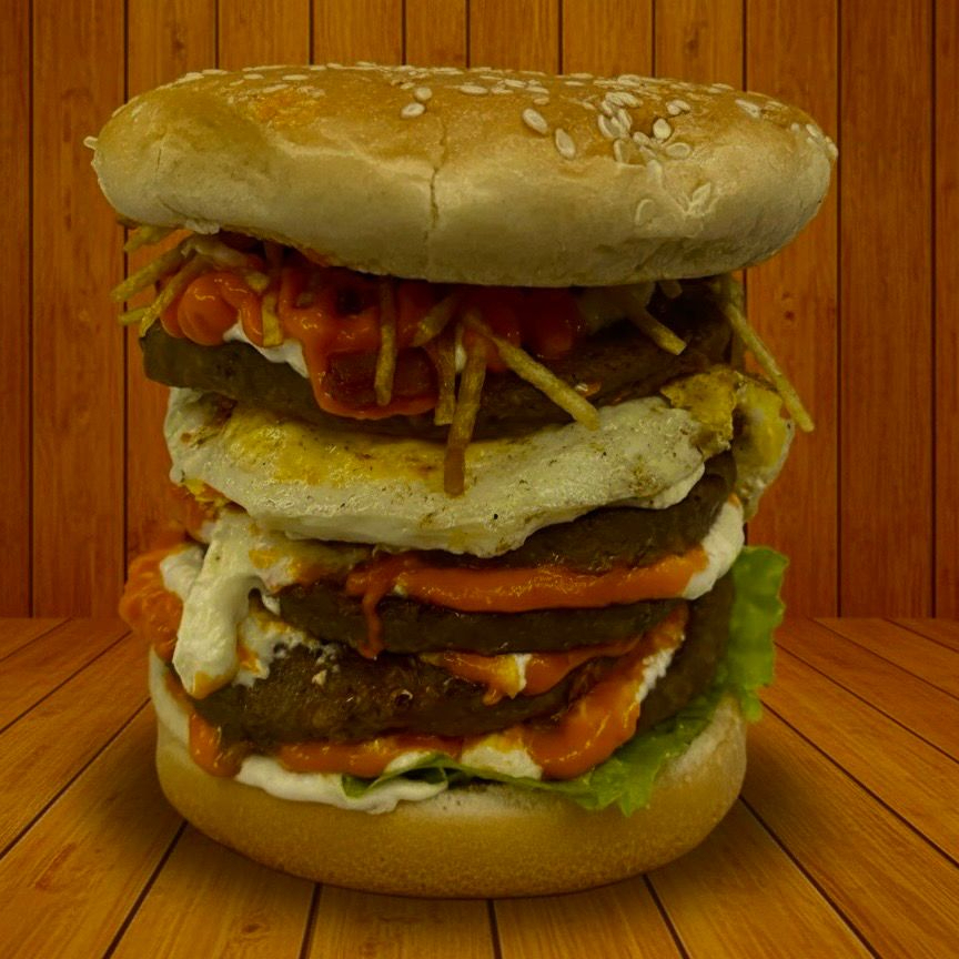 Pão, 4 carnes, presunto, queijo, ovo, maionese alho, billy jack, cebola crispy, batata palha, salada e requeijão