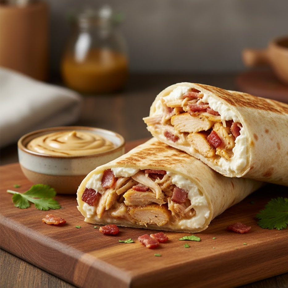 Tortilha macia, com frango, bacon e cream cheese. Acompanha maionese grill
