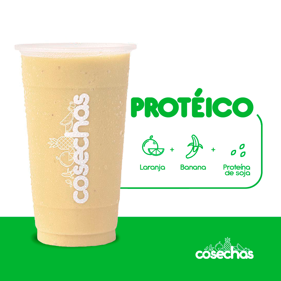 A banana e a laranja se combinam à proteína de soja em uma bebida cremosa e saborosa, ideal para quem busca incluir diferentes fontes de nutrientes na rotina.