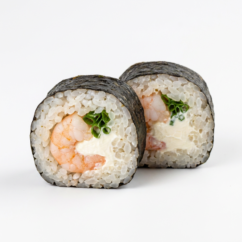 Alga, arroz. Cream cheese, cebolinha e camarão
